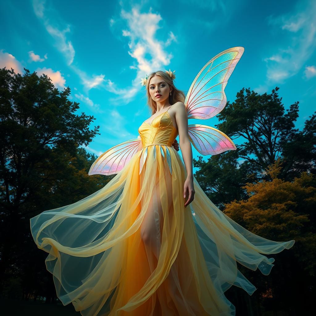 Fashion Fairy in Ethereal Gown Amidst Vibrant Trees