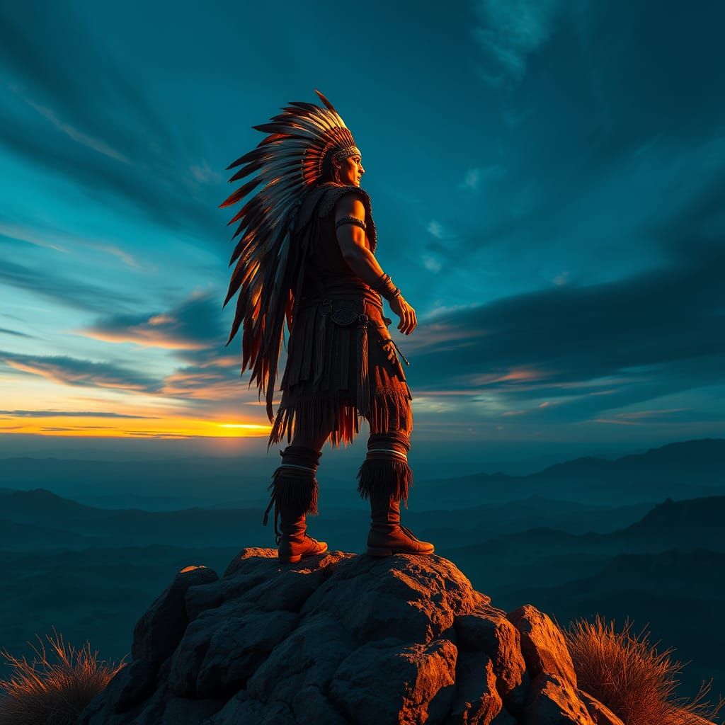 Majestic Apache Warrior Overlooking Mystical Landscape