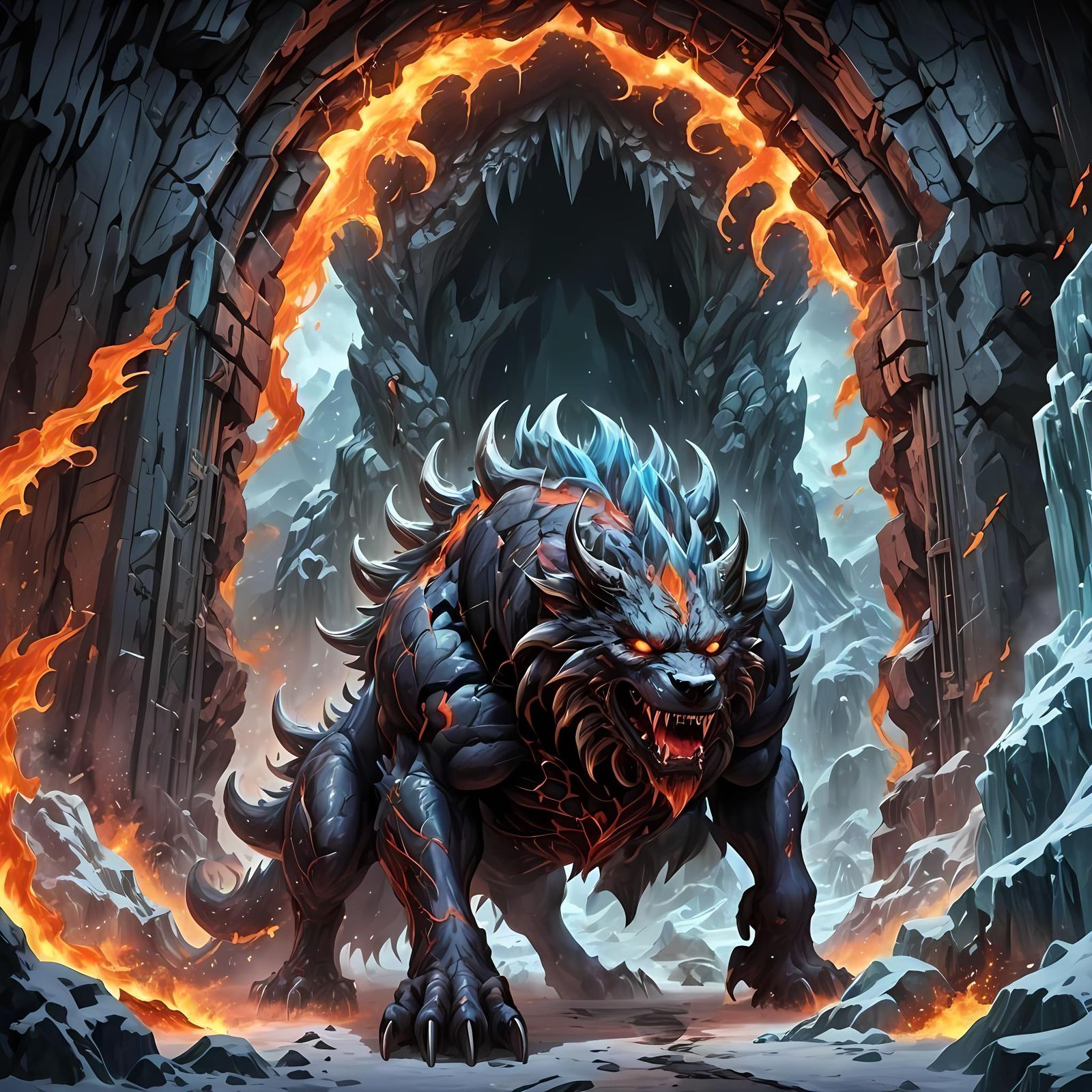 Icy Fiery Hellhound Guardian of Frozen Gate