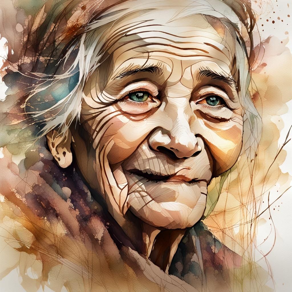 Dreamlike Portrait of an Old Woman in Mixed Media Style