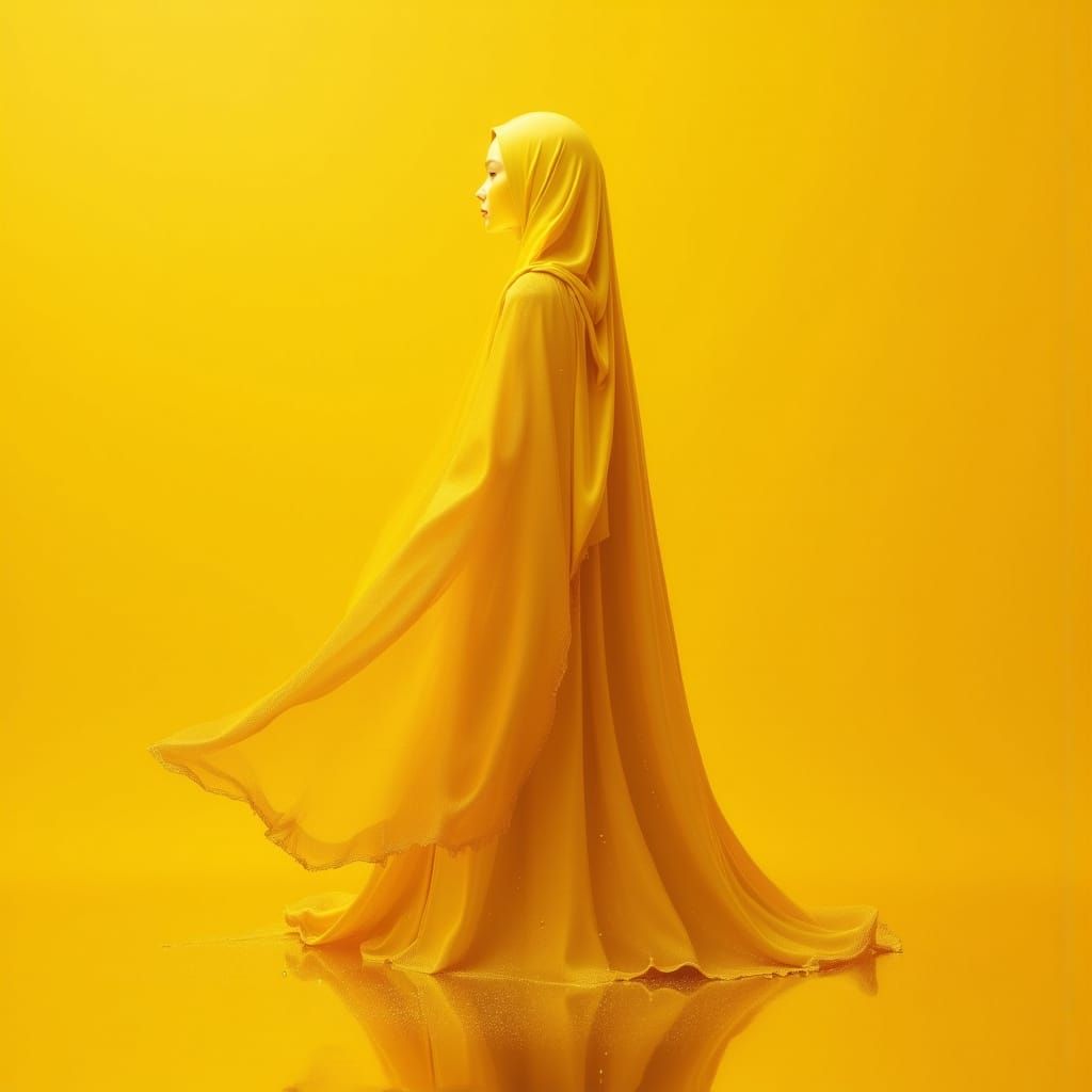 Minimalist Yellow Khimar Woman in Dreamlike Fantasy