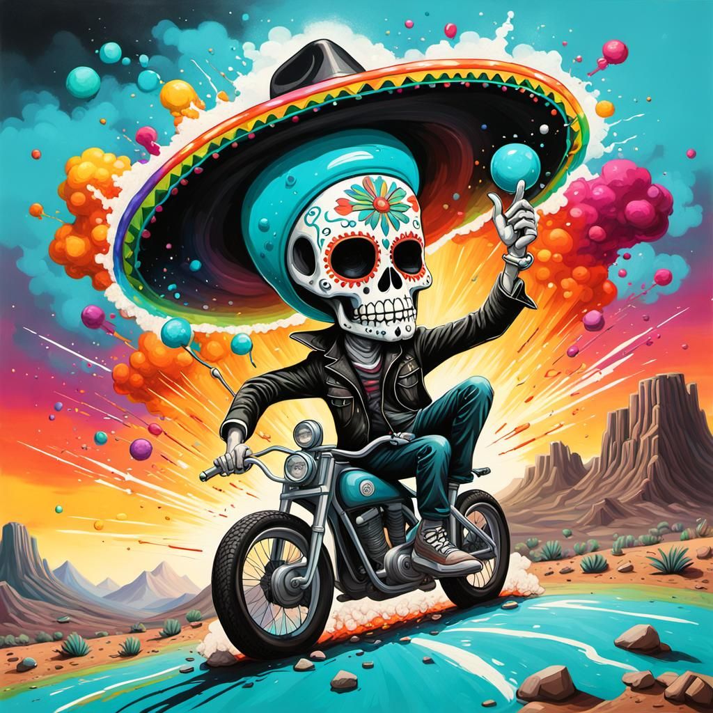 black Day of Dead angry Richard Simmons wearing turquoise sombrero riding large chrome Rainbow pickle rocket explosion w...