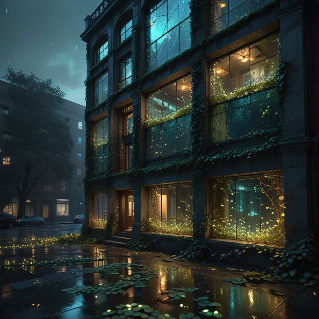 Fantastical Glass Architecture with Iridescent Ivy and Firef...