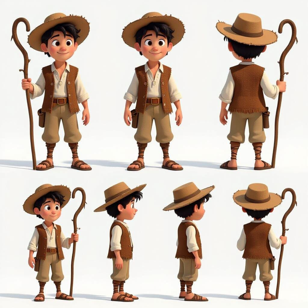 Young Shepherd Character Sheet in 3D Disney Pixar Style