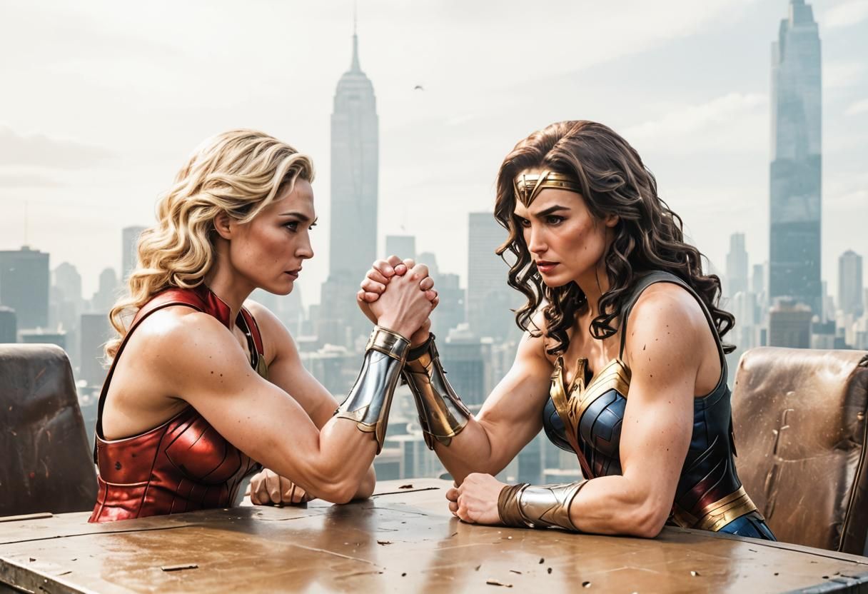 Wonder Woman Arm Wrestling Power Girl Comic Art