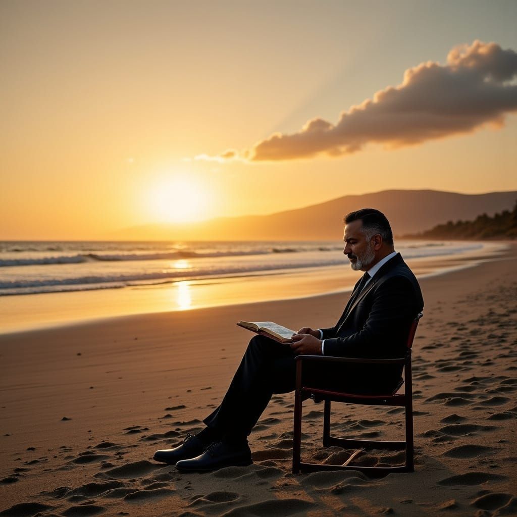 Man Reading Bible on Beach at Sunset