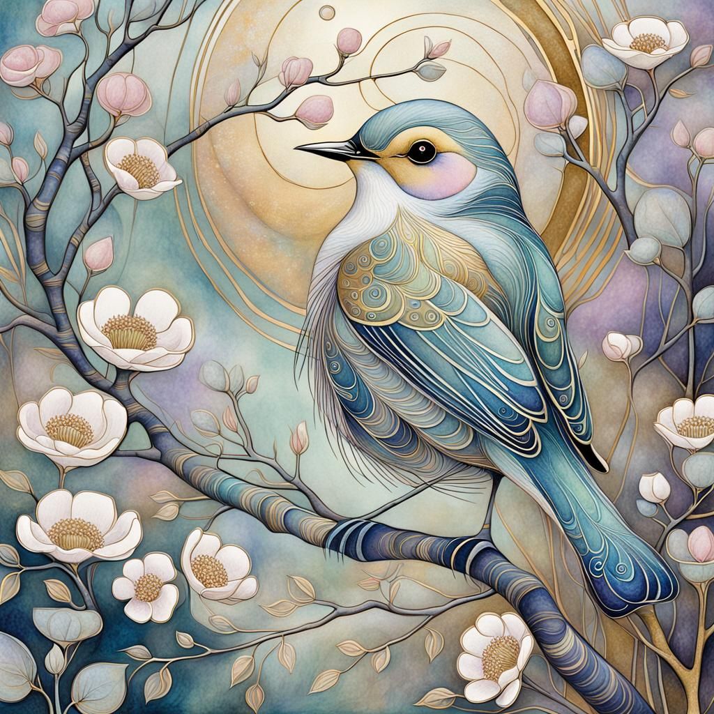 Delicate Bird on Branch: Symbolist Art Nouveau Illustration