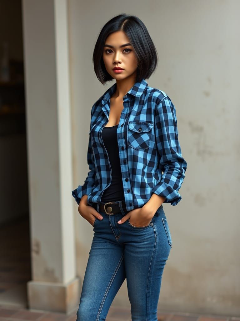 Slender Woman in Gingham Shirt and Jeans