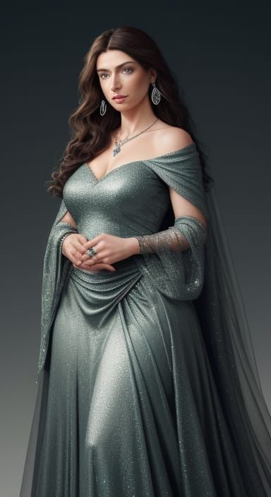 Elegant Woman in Dark Green Dress with Celestial Jewelry