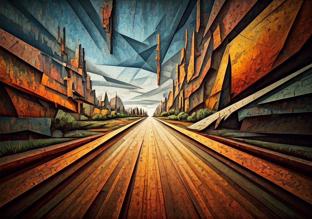 Abstract Road in Cubist Style on Metal Plate