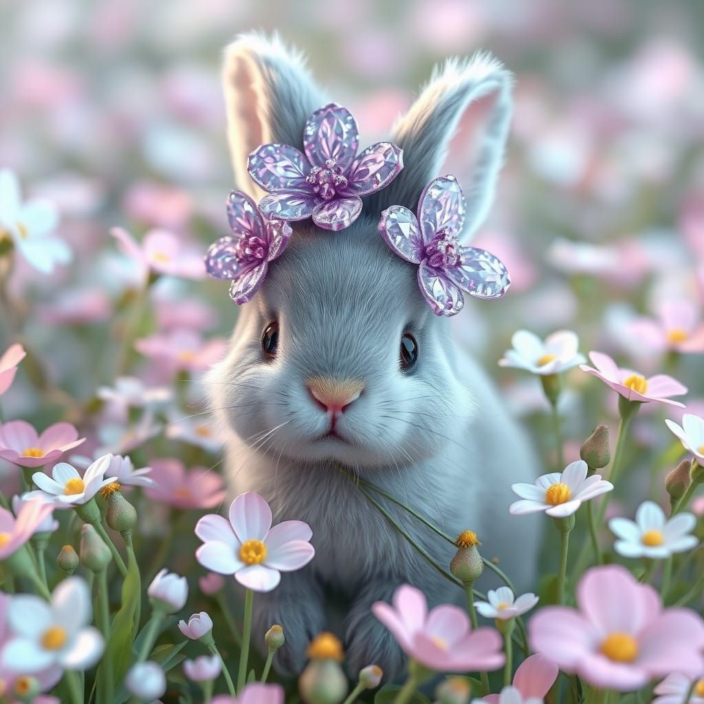 Surreal Kawaii Bunny Surrounded by Whimsical Pastel Flowers