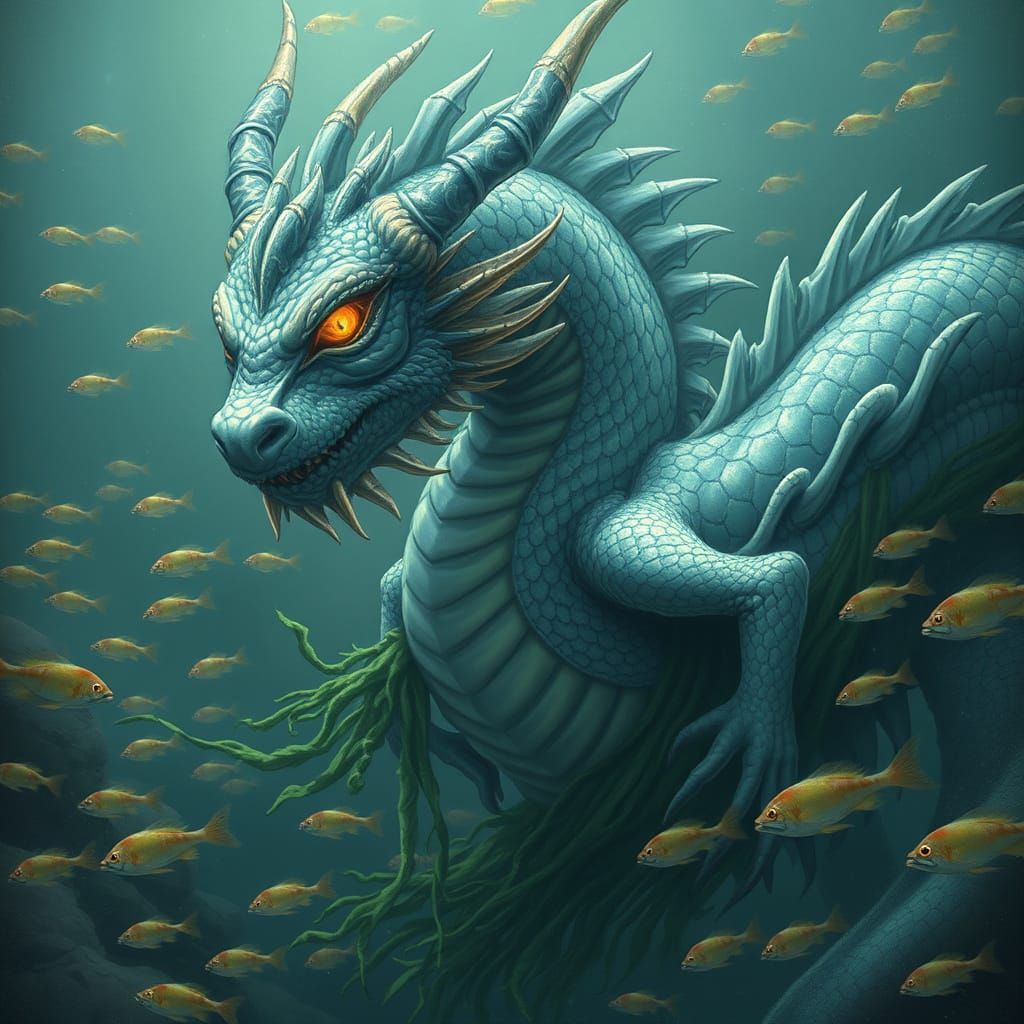 Deep Sea Dragon with Iridescent Scales and Glowing Eyes