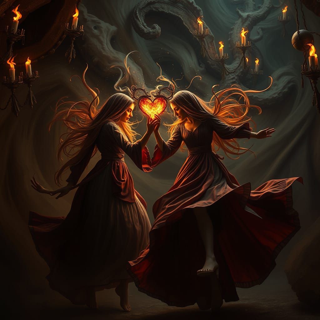 Sisters' Ecstatic Dance in Moody, Surreal Dreamscape