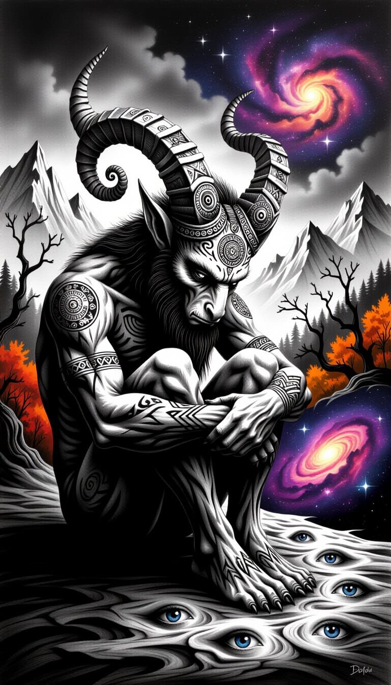 Mythical Bark-Skinned Creature in Charcoal