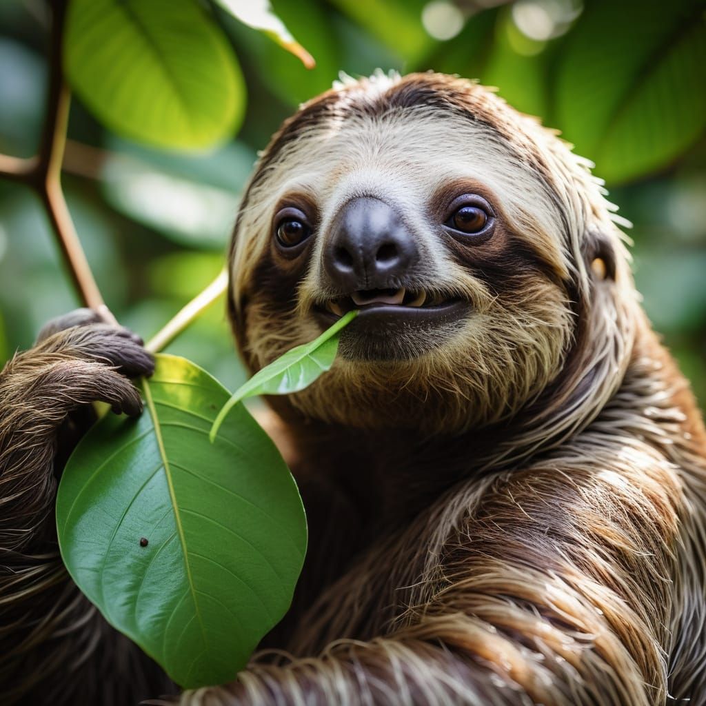 Three-Toed Sloth Eating Cecropia Leaf in Natural Light