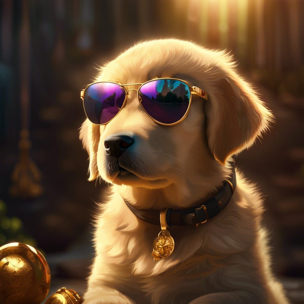 Golden Retriever Puppy in Sunglasses: Hyperdetailed Art