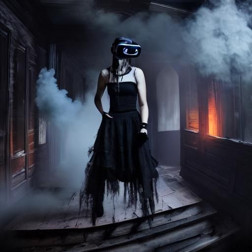 Gothic Model in Haunted House with VR Goggles