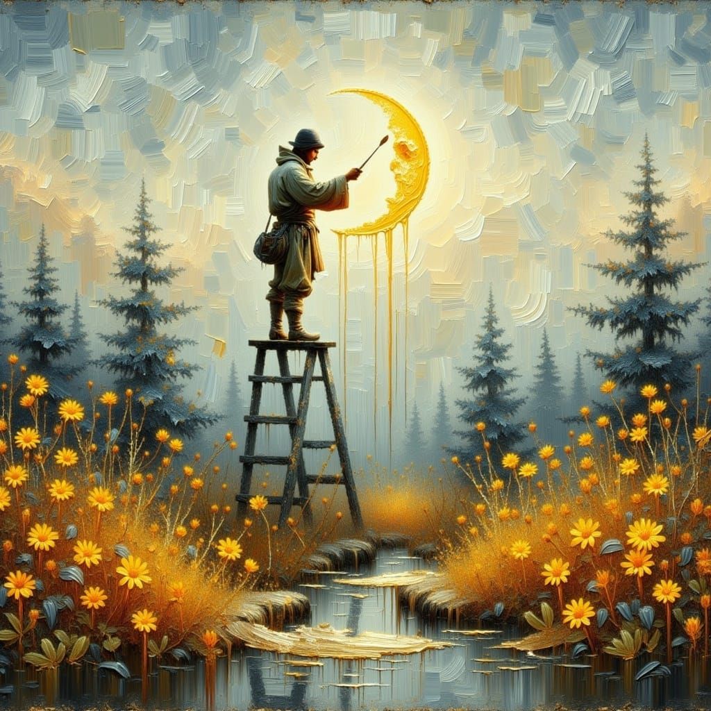 Painter Lost in Serene Moonlit Scene, Worn Earth-Toned Cloth...