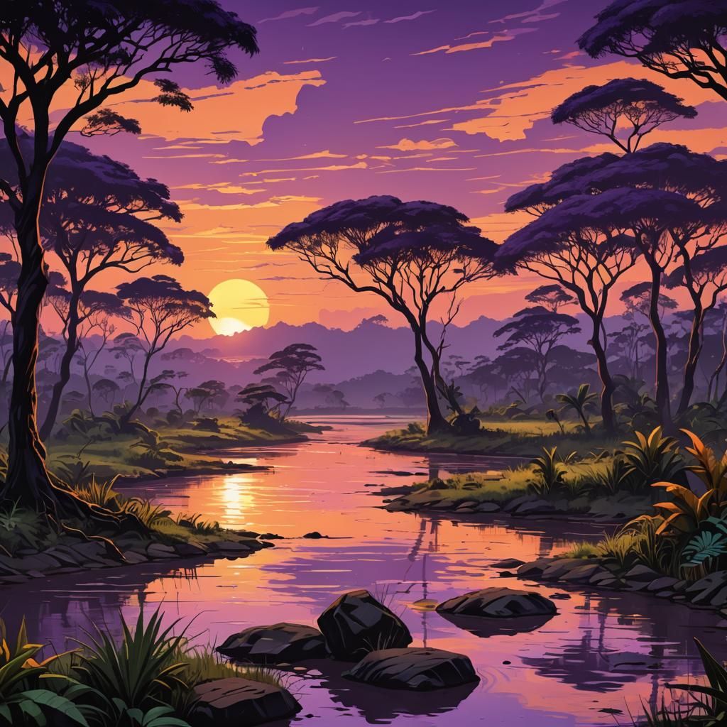 African Sunset River Scene in Digital Vector Art