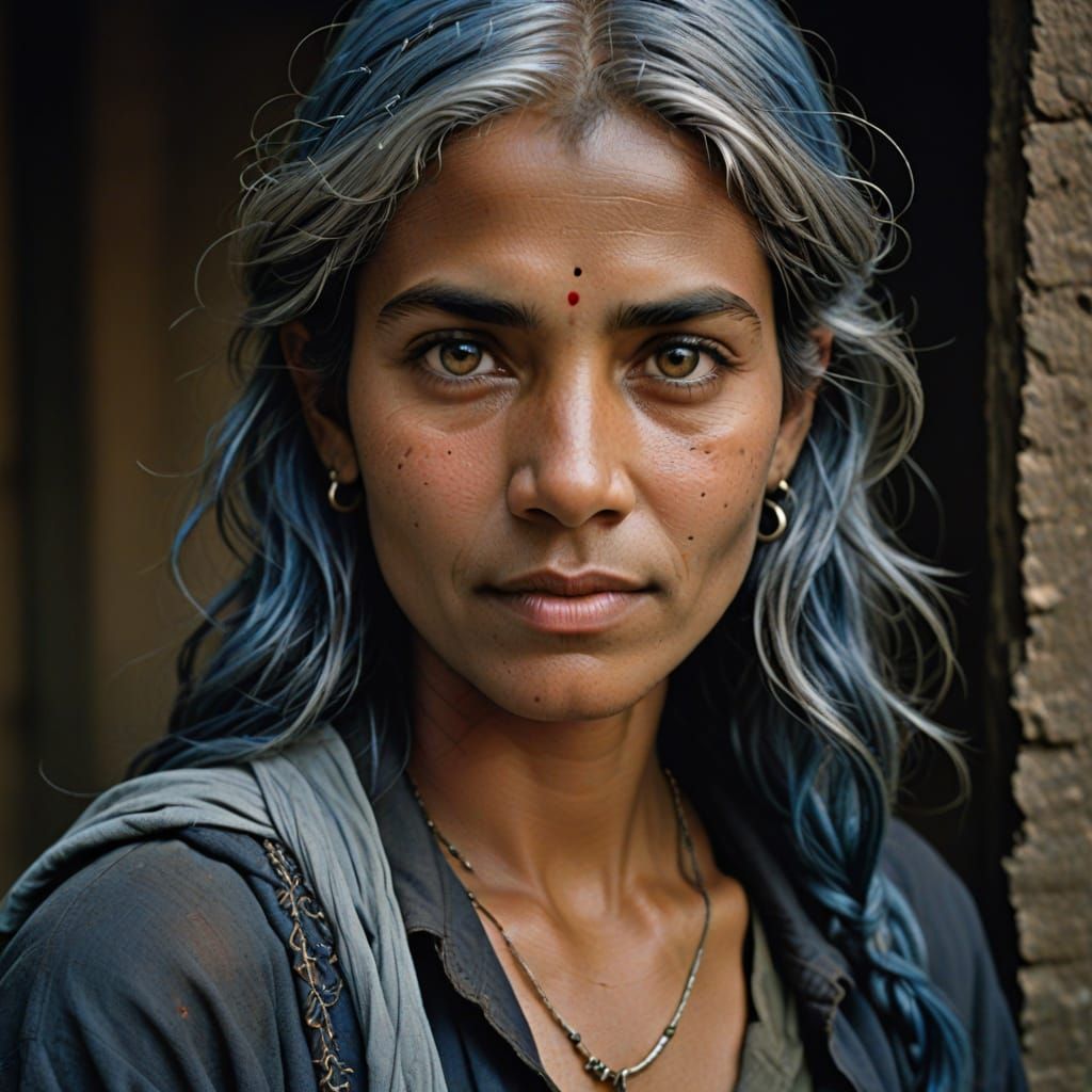 Silver Blue Haired Woman in Soft Focus Portrait