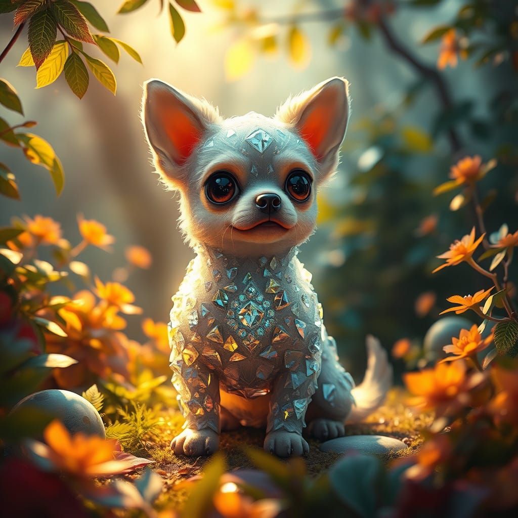 Whimsical Crystal Dog in Dreamlike Wonderland