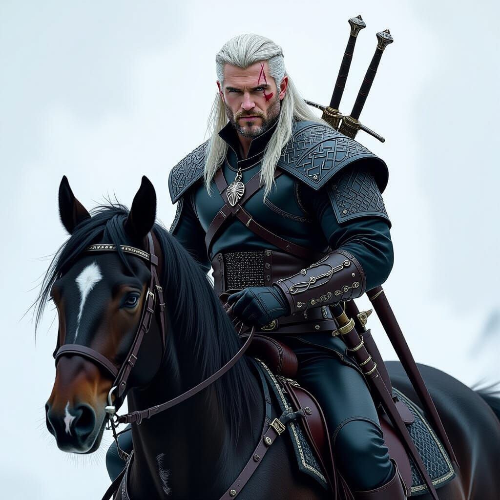 Geralt of Rivia on Roach in Dark Fantasy Style
