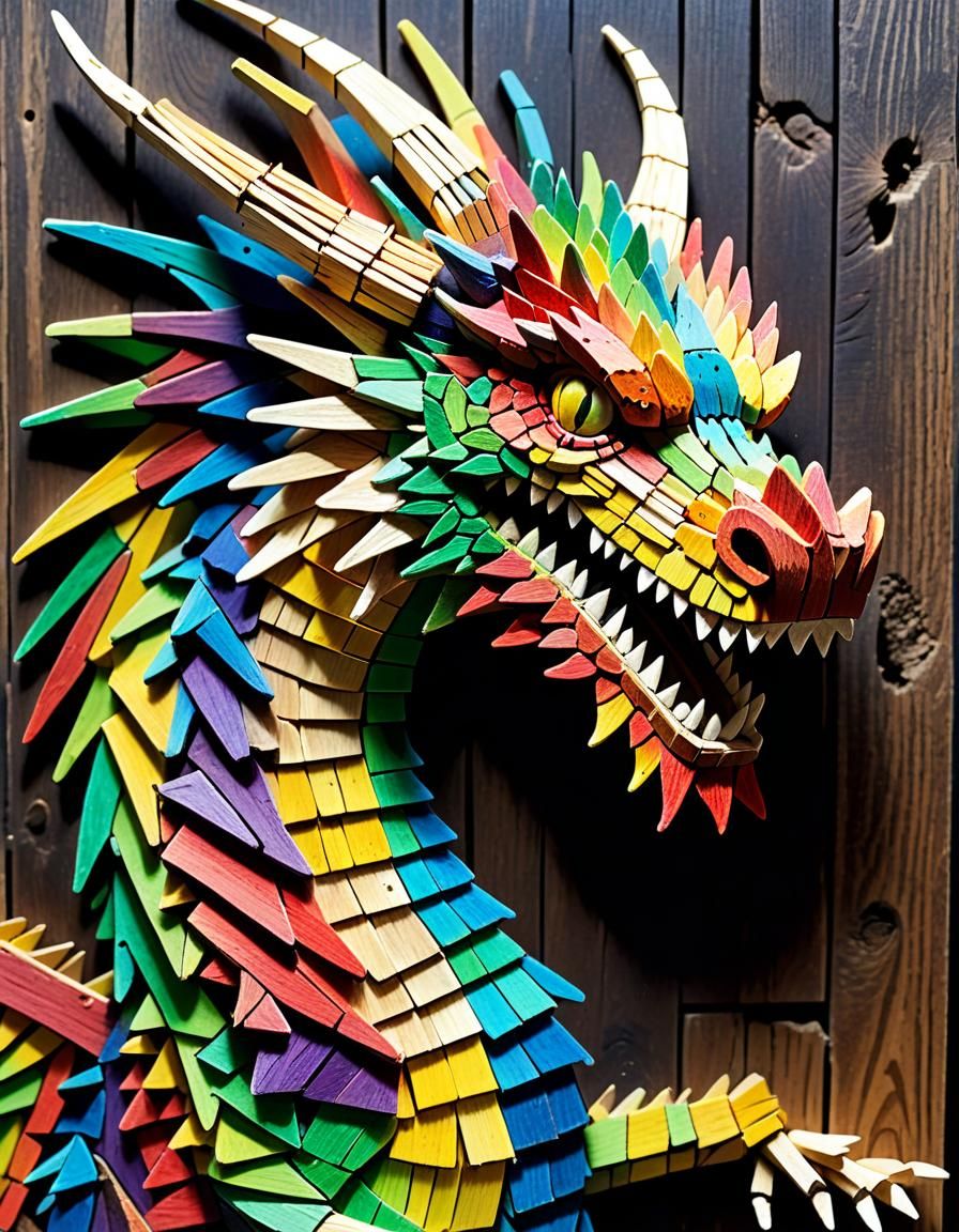 Colorful Dragon Sculpture Made of Matchsticks and Wood