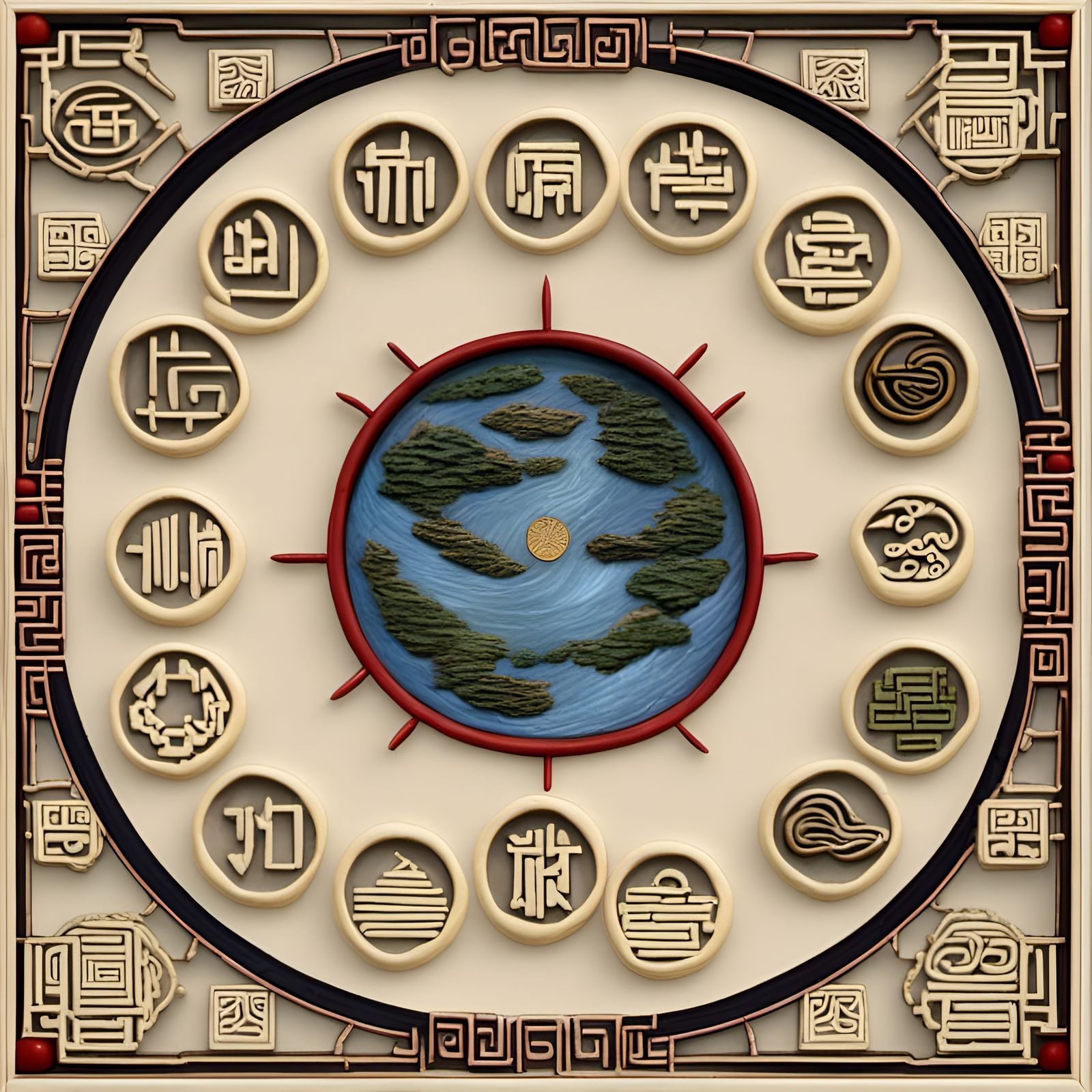 I-Ching Divination Landscape with Pyrography Elements