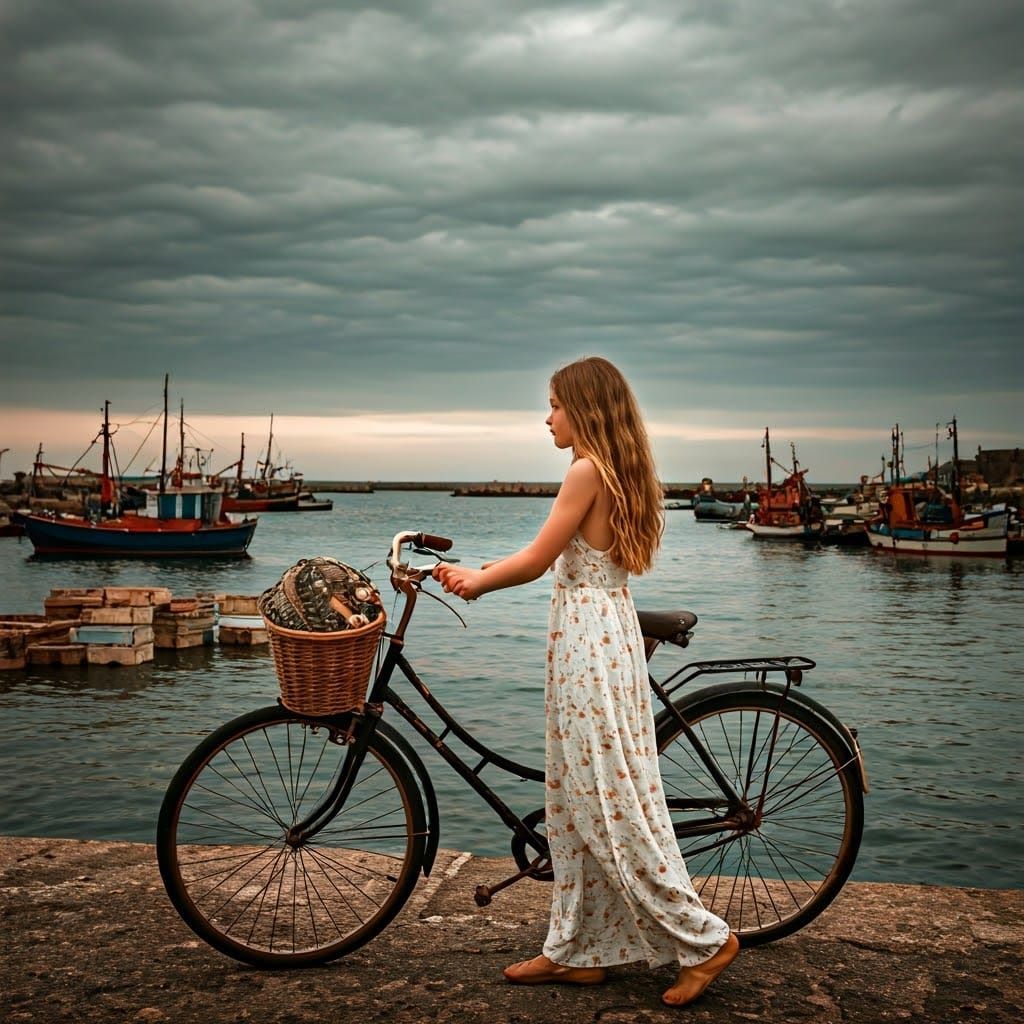Melancholic Girl with Bicycle at Dawn Harbor