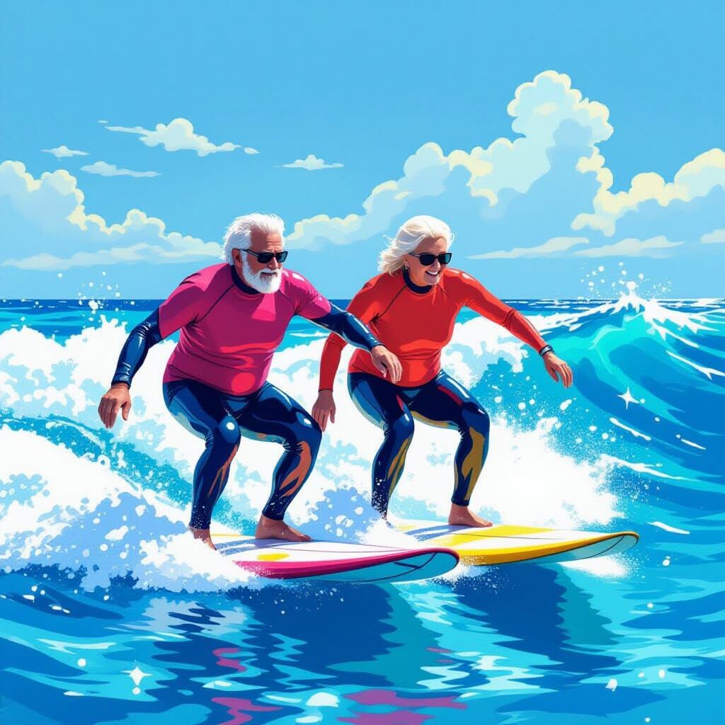 Elderly Couple Surfing in Vibrant, Dreamy Waters