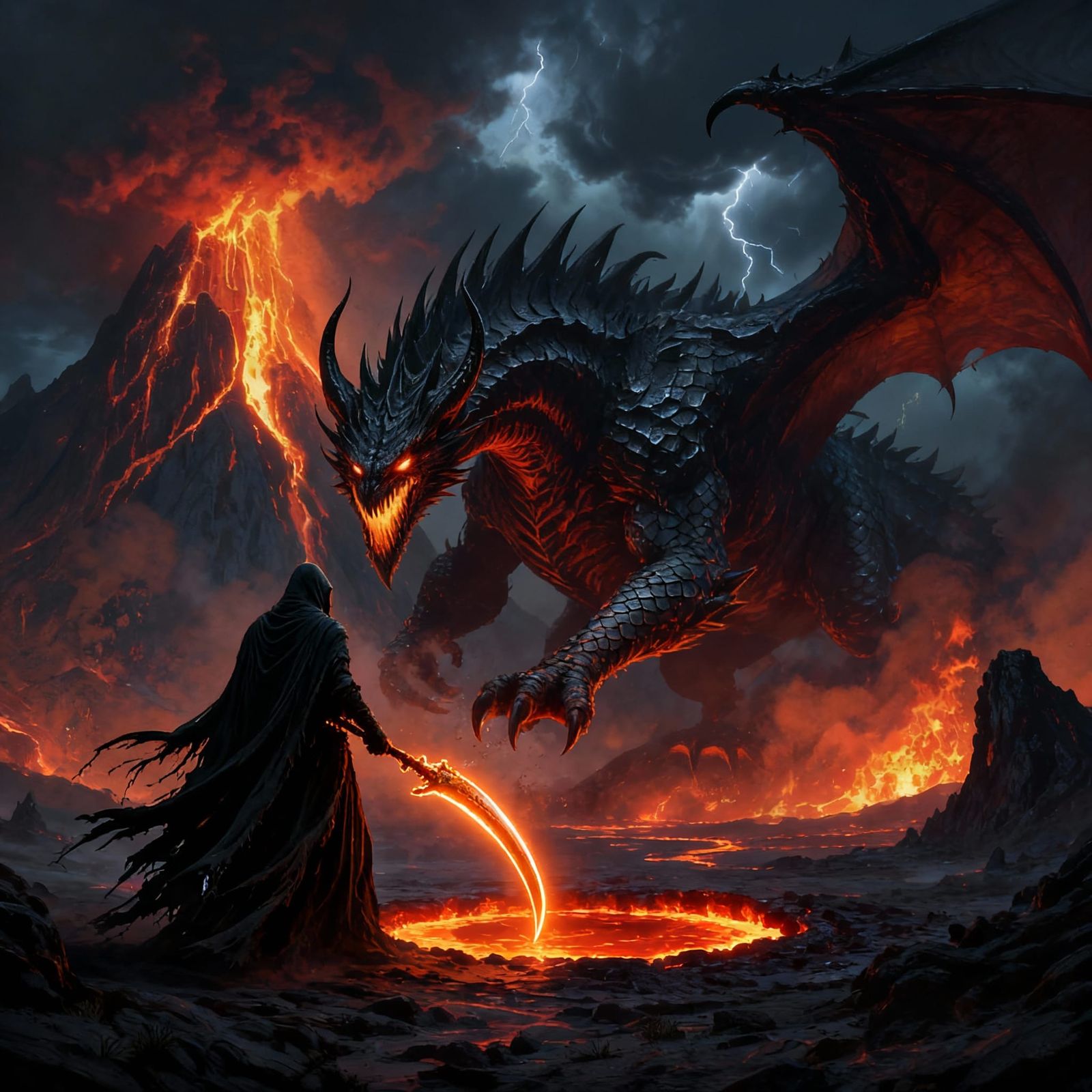 Grim Reaper Battles Dragon Monster Near Tree of Life