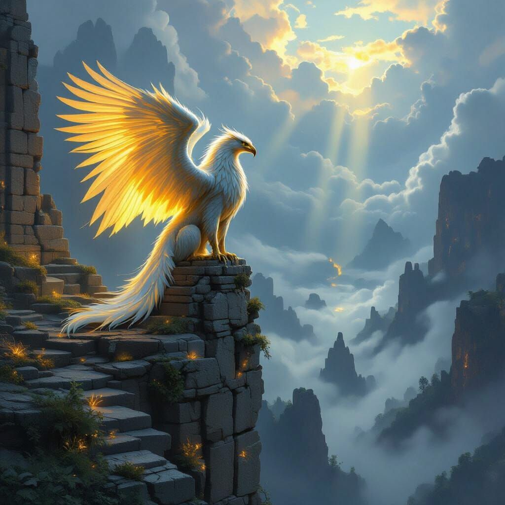 Majestic Griffin on Ancient Ruins in Mist Valley