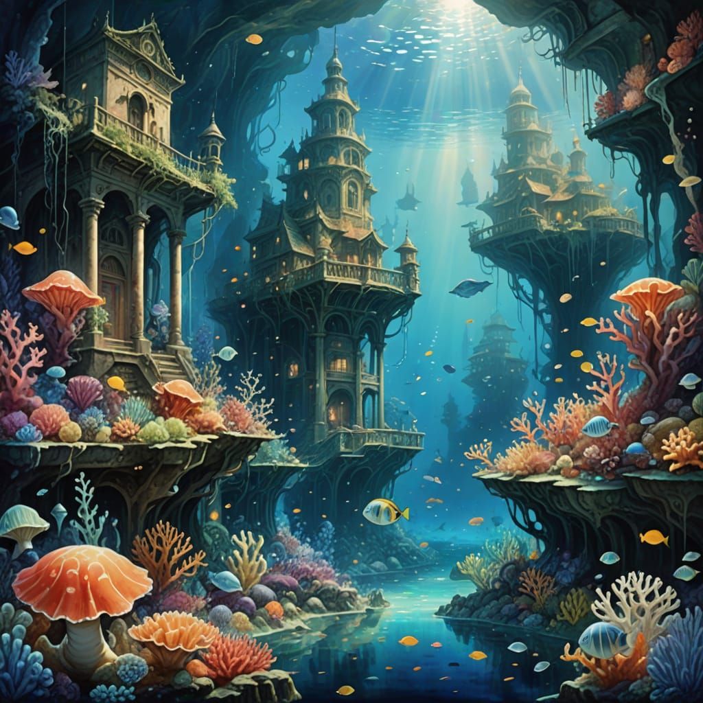 Bioluminescent Coral City in Watercolor Style