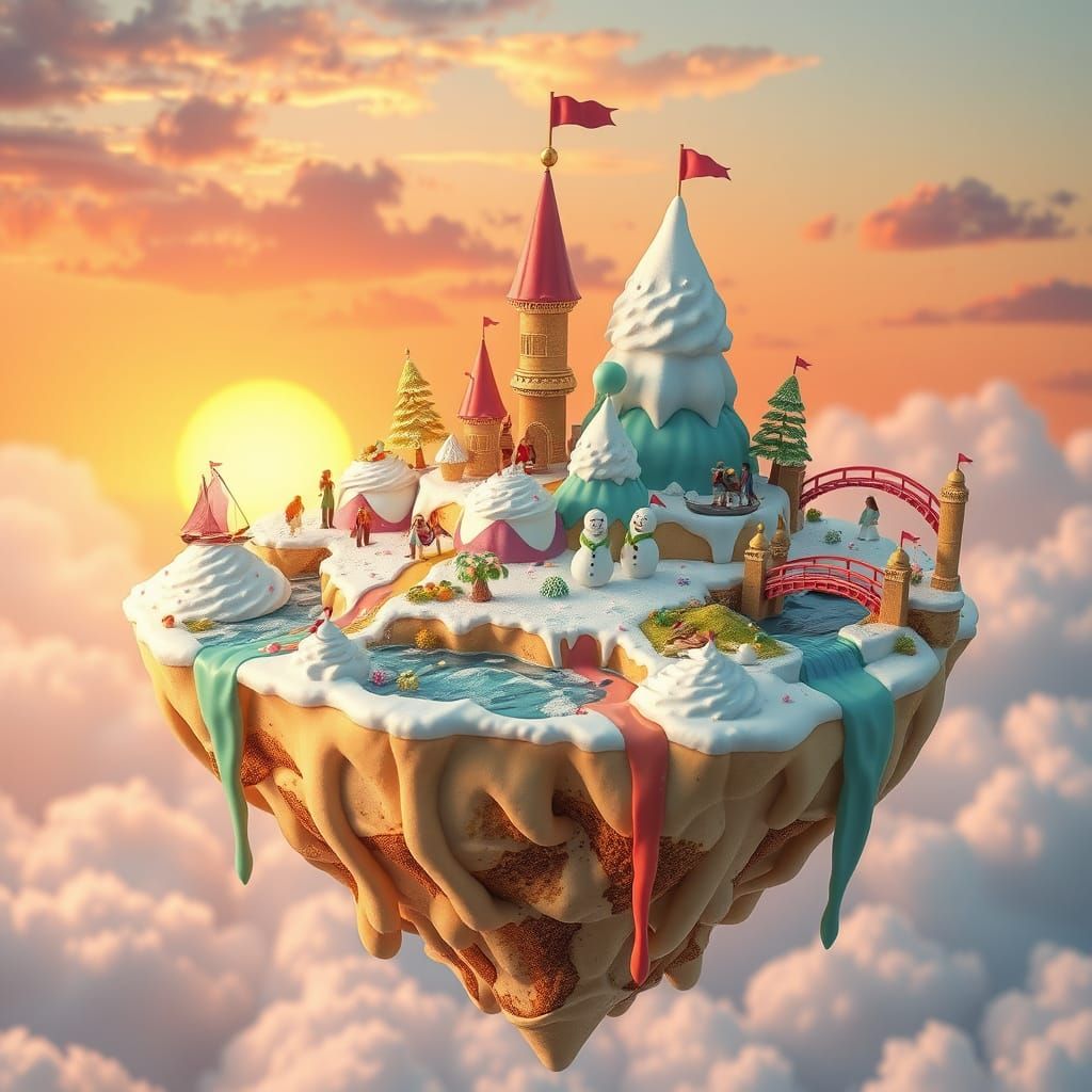 Surreal Floating Island Made of Ice Cream Scoops in Whimsica...