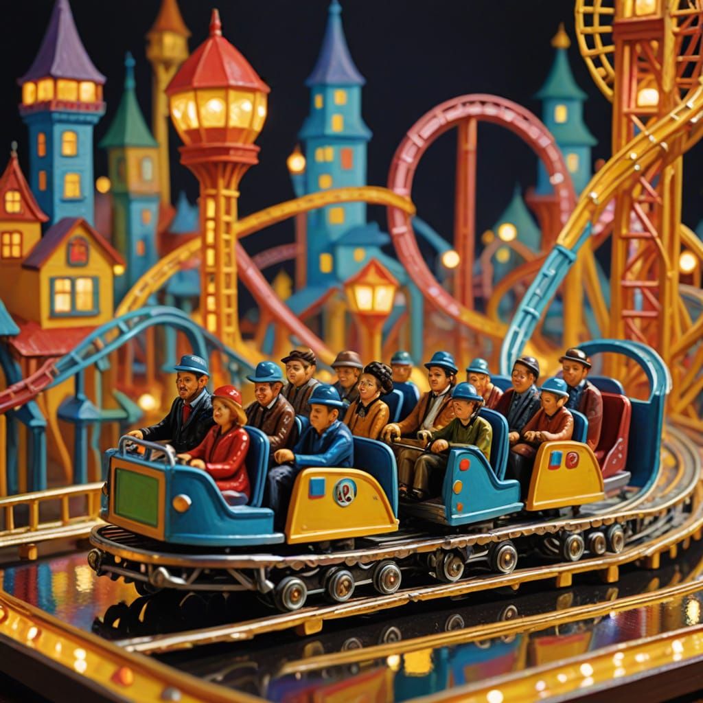 A miniature amusement park built on a dinner table, complete with tiny roller coasters, Ferris wheels, and carnival game...