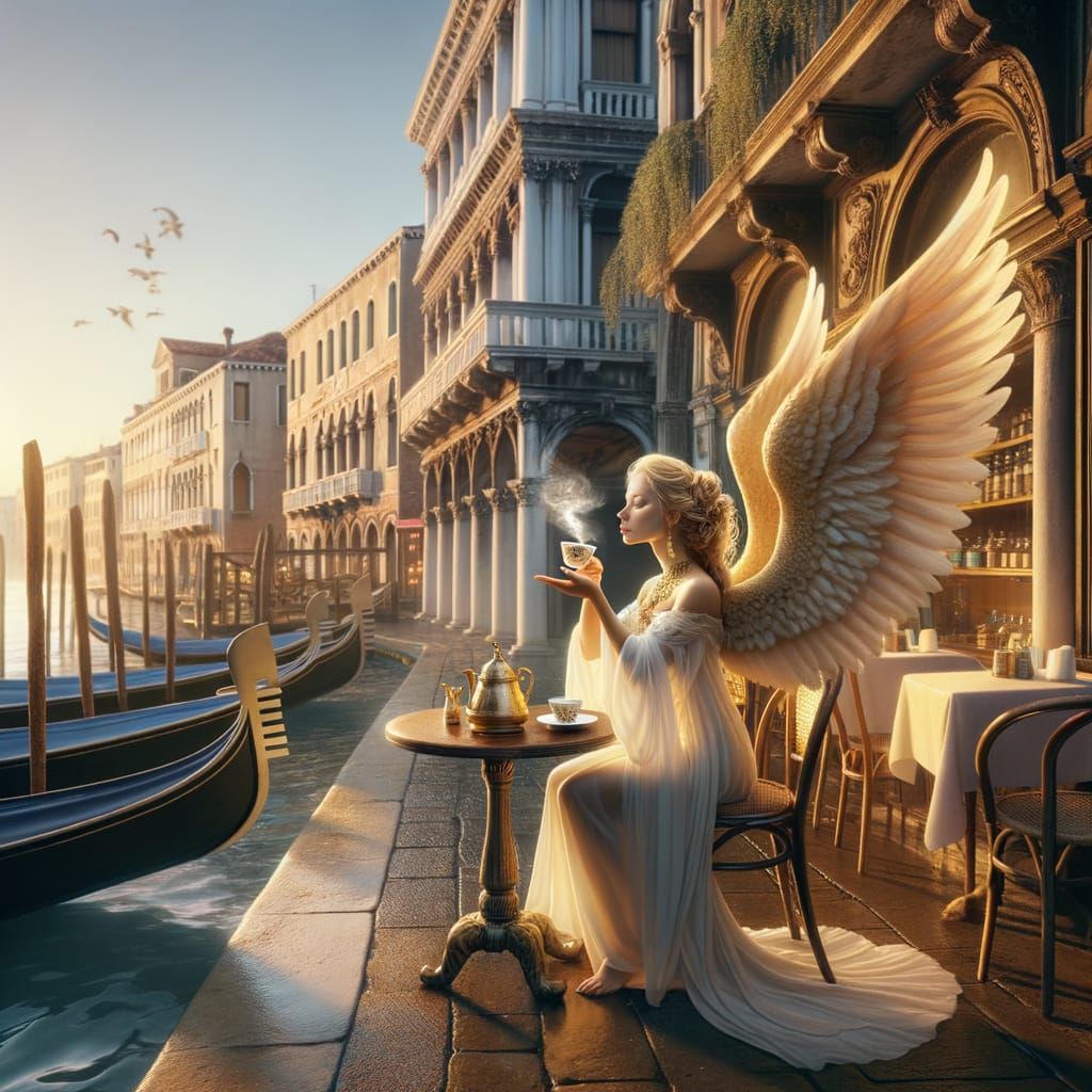 Venetian Angel Sipping Coffee at Sunrise