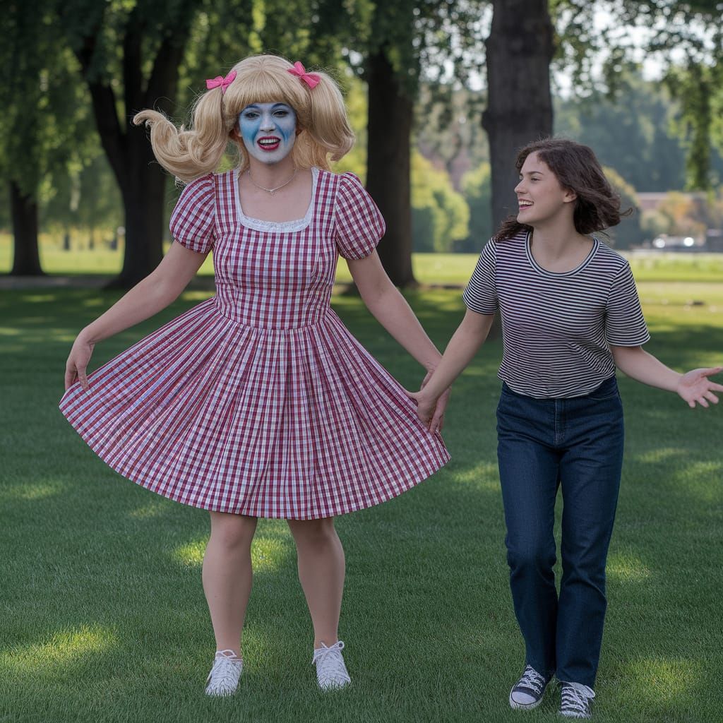 Crossdressing Young Man in Gingham Dress in Windy Park