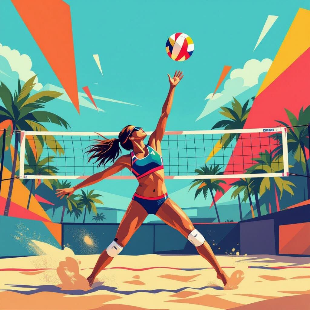 Pop Art Beach Volleyball Player in Dynamic Serve