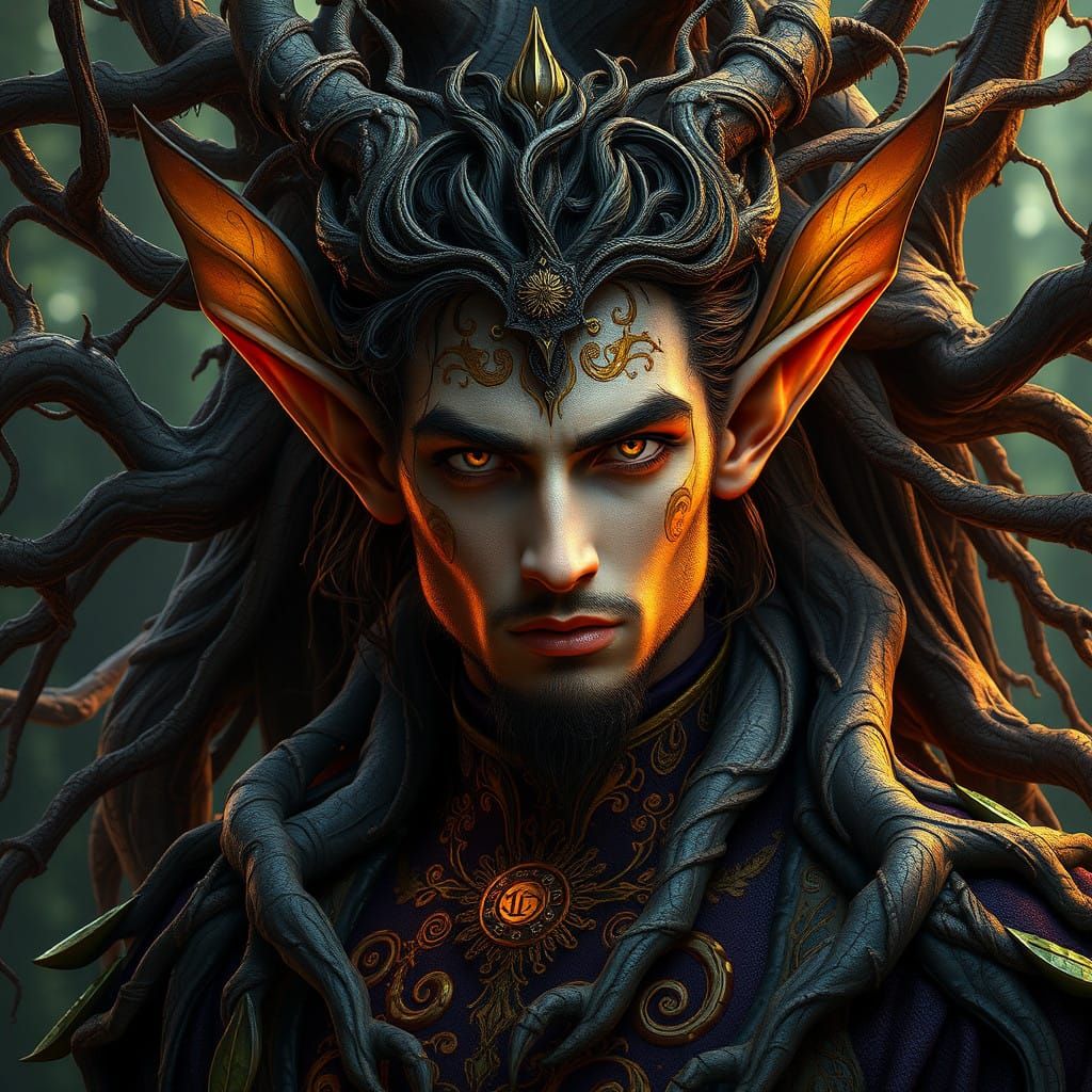 Dark Fantasy Fey Prince Amidst Ancient Roots