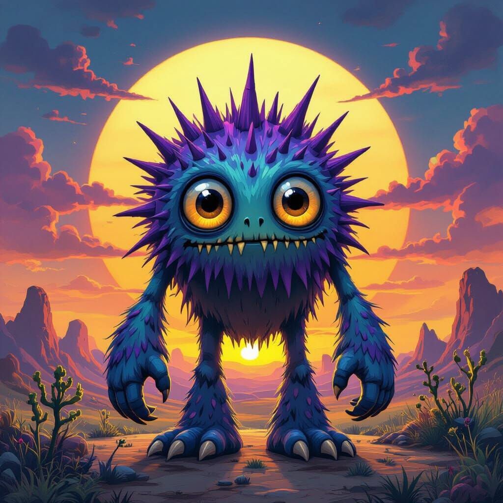 Whimsical Monster with Purple Spikes and Giant Eyes