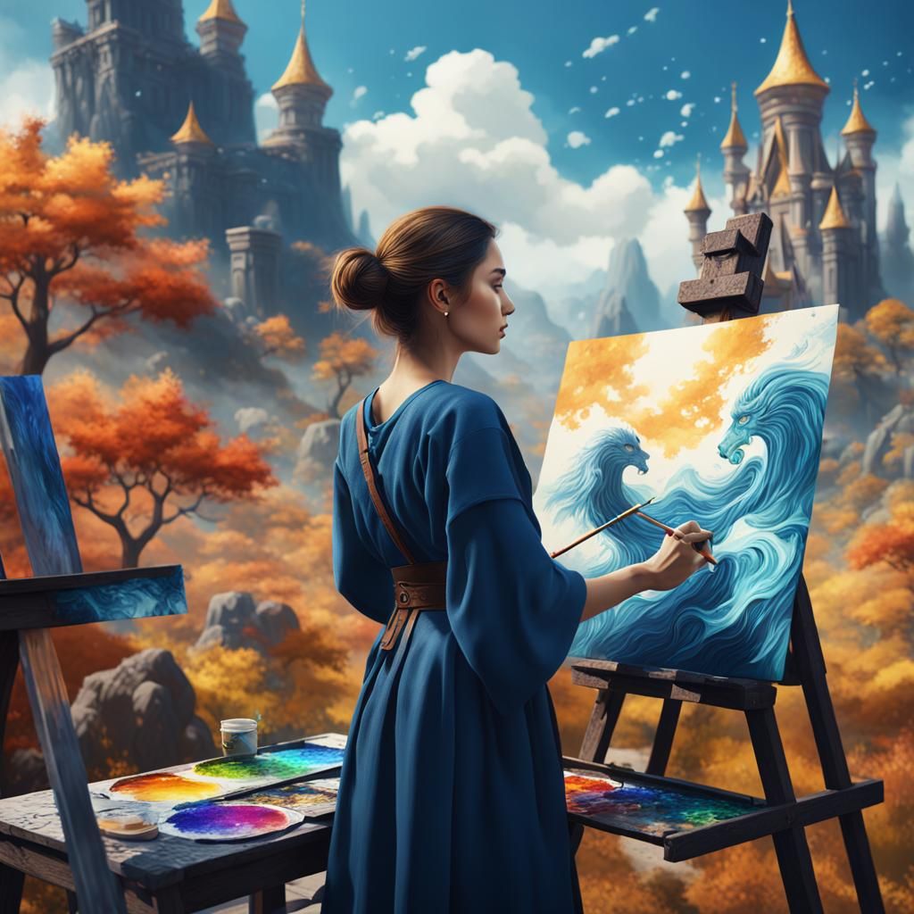 Woman Painting Outdoors in Detailed Digital Art