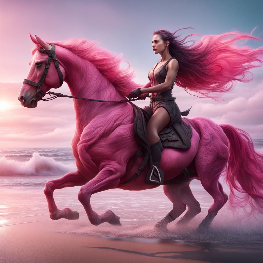 Girl on Pink Horse: Fantasy Beach Scene