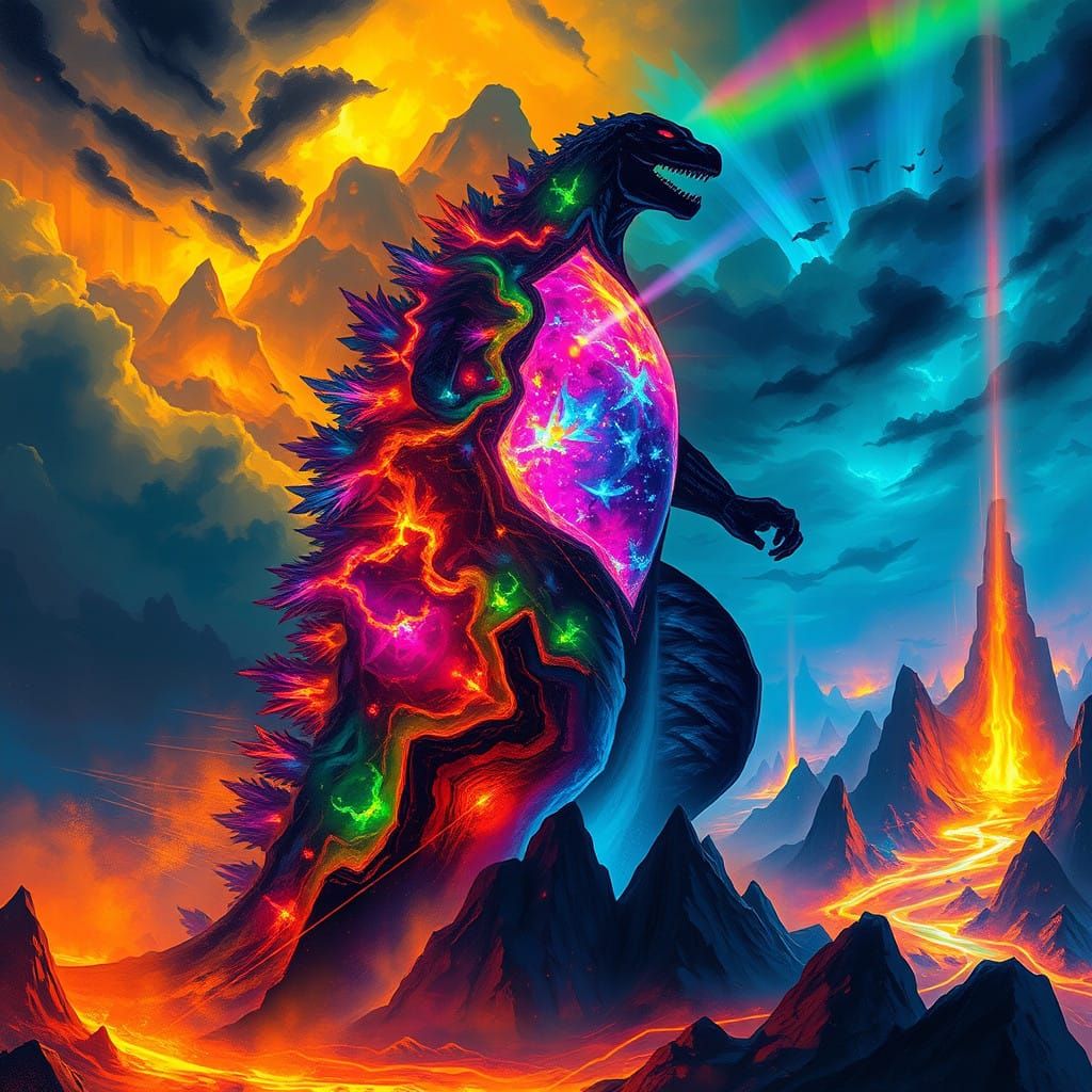 Surreal Godzilla Silhouette in Iridescent Shadows with Radia...