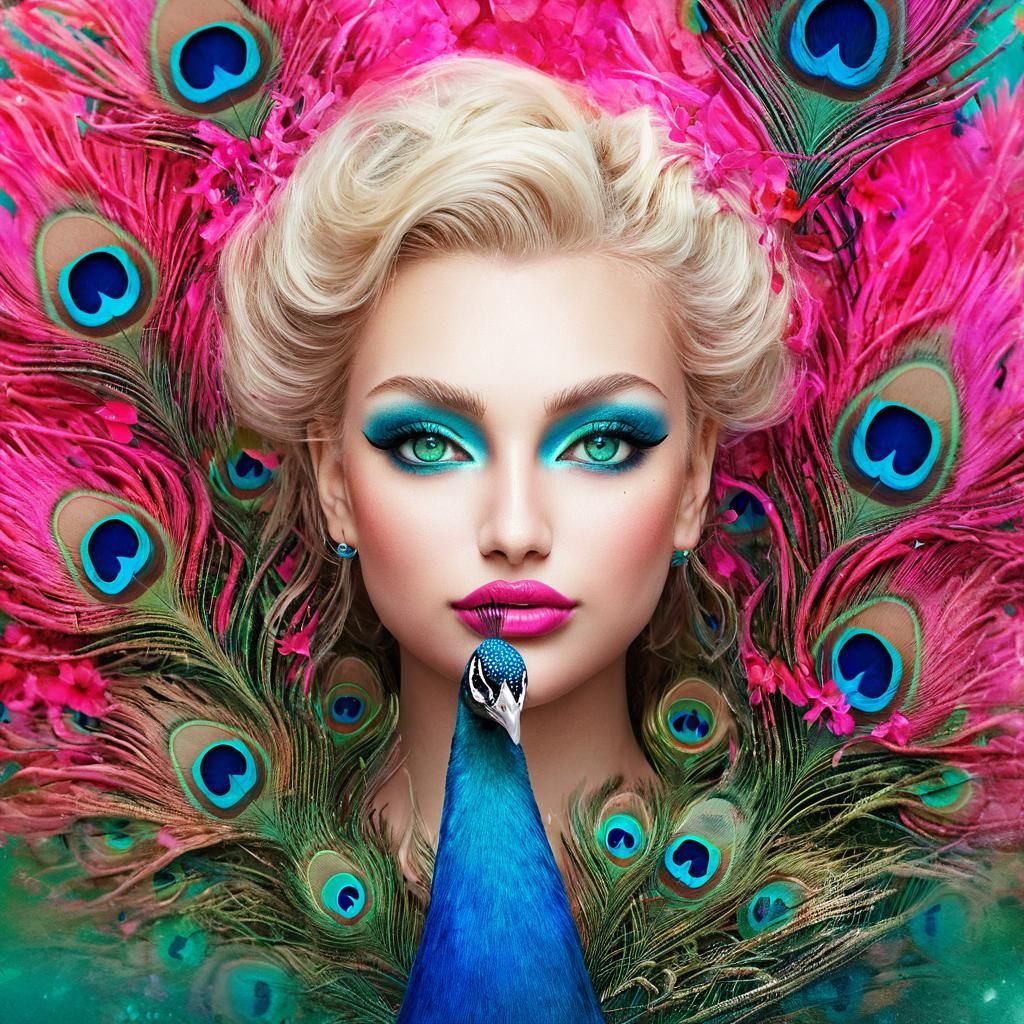 Peacock Feather Haired Woman in Painterly Digital Art