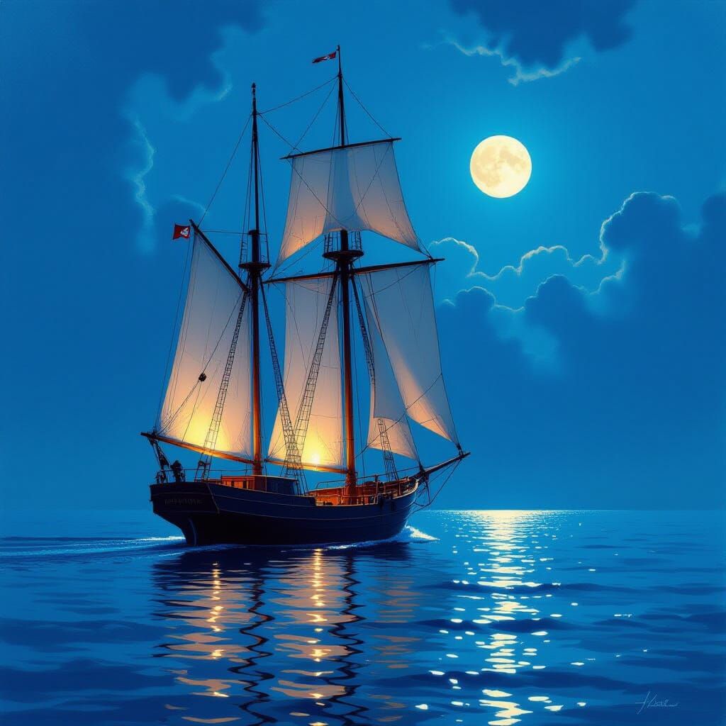 Majestic Sailing Ship on Calm Sea at Twilight