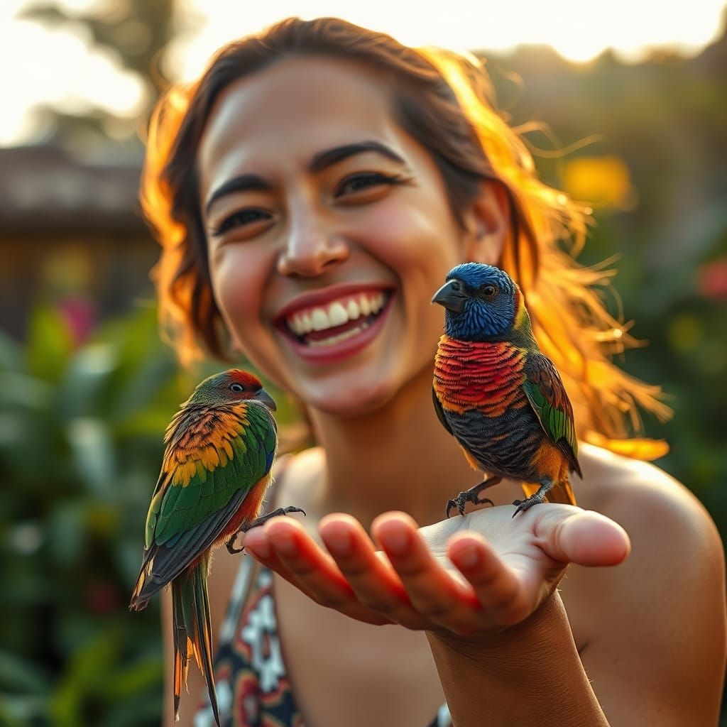 Radiant Woman and Bird in Photorealistic Style