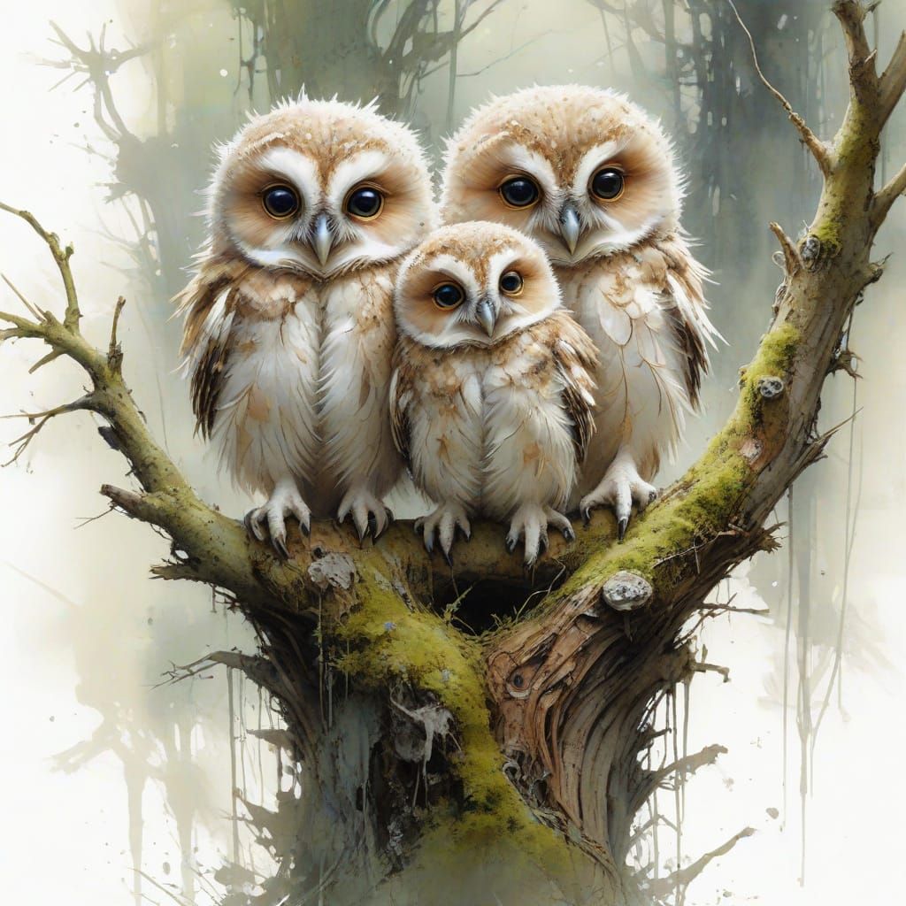 Baby Owlets on Mossy Branch in Watercolour Style