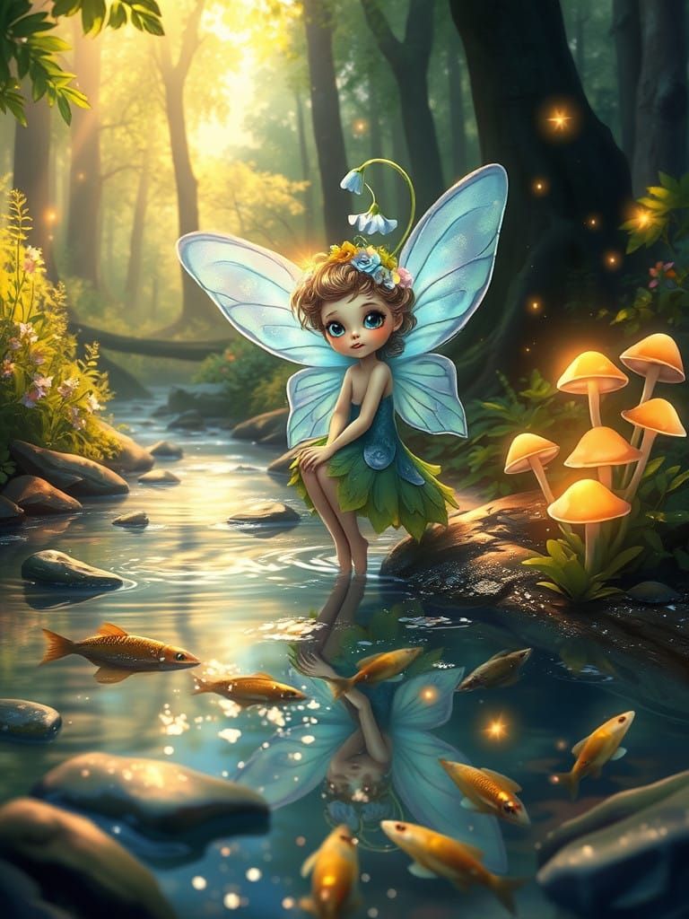 A whimsical digital illustration of a tiny fairy