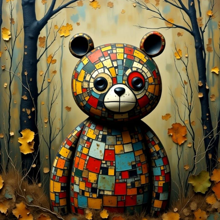 happy mosaic bear in forest <lora:DUBUFFET DOLLZ:1.0> <lora:Contexture Abstract:1.0>