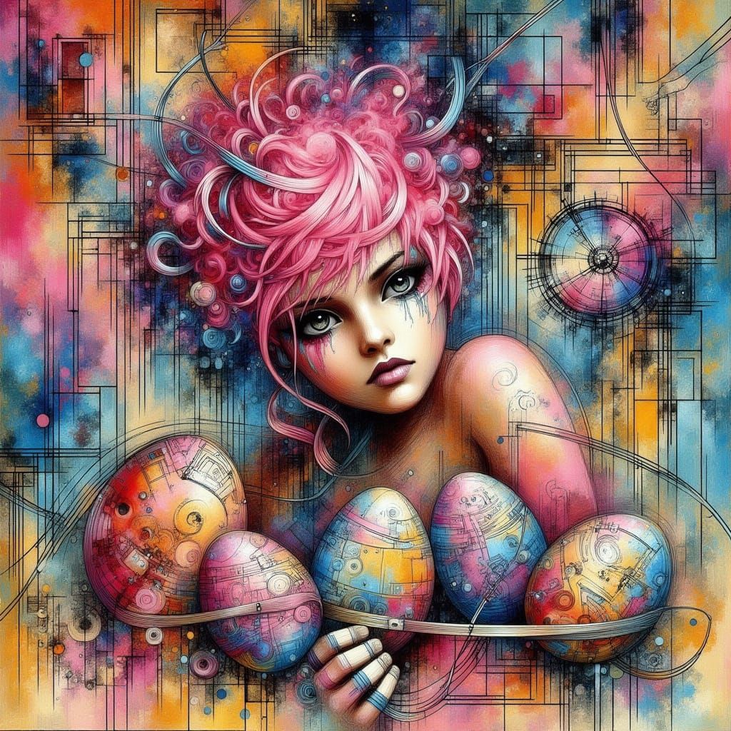 Surrealist Punk Goth Girl Decorates Easter Eggs with Vibrant...